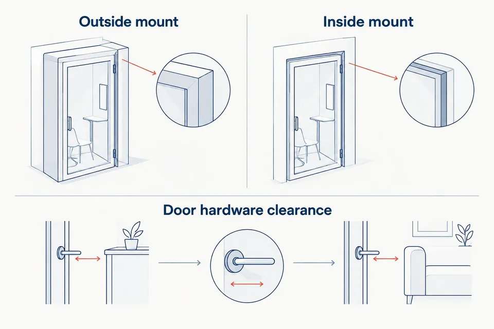 Comparison diagram of outside mount versus inside mount for a basement walkout door