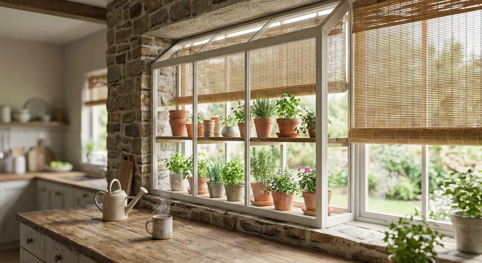 Garden window treatments for kitchen greenhouses