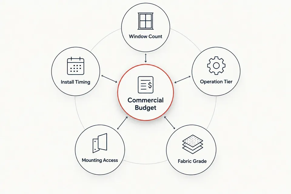 Diagram showing five factors orbiting a central commercial budget hub