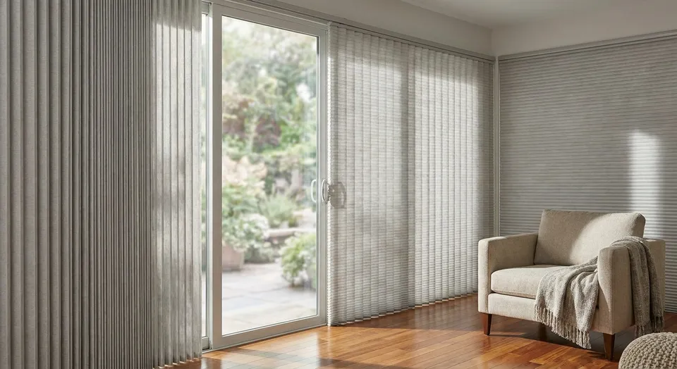 Vertical cellular shades for sliding glass doors