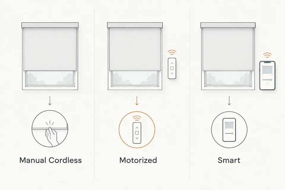 Three column comparison of manual, motorized, and smart shade lift systems