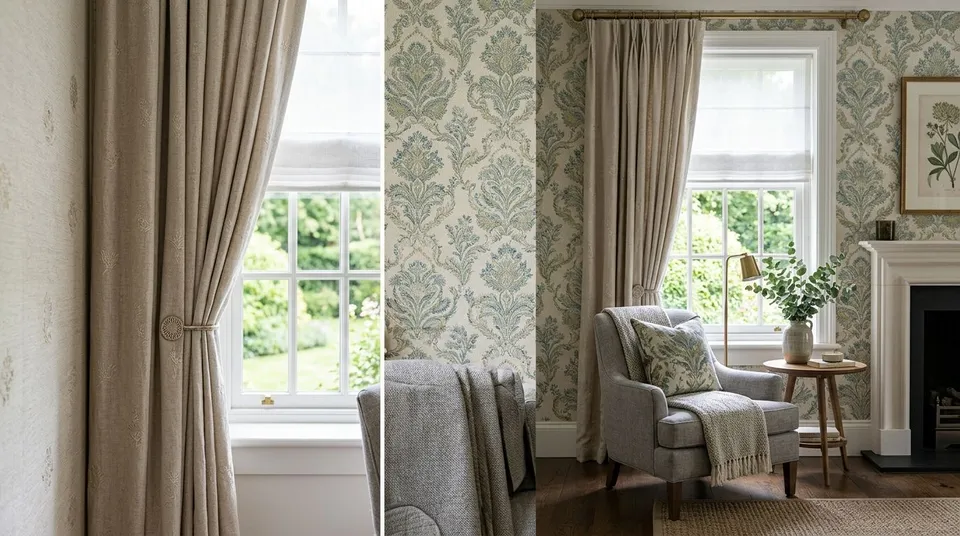 Designer wallpaper pairing with custom window treatments