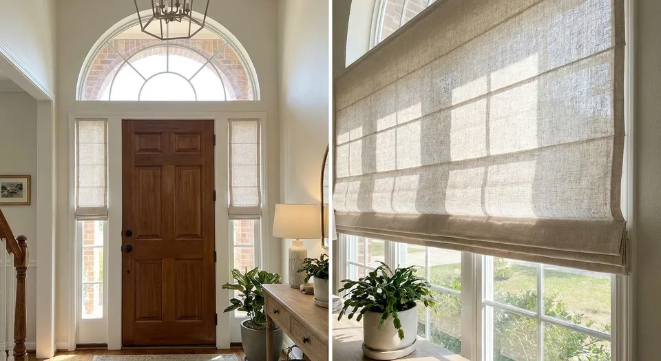 Transom window shades for entryways