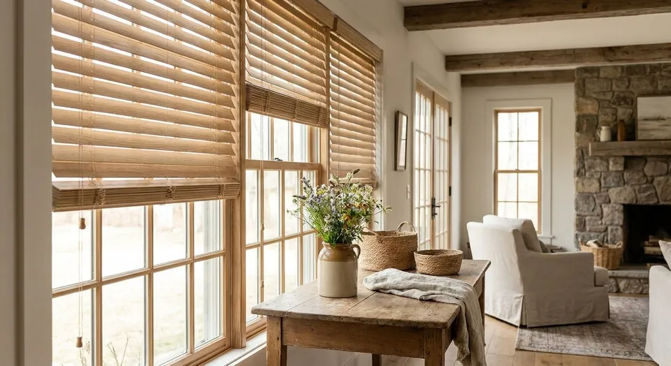 Real wood blinds for farmhouse interiors
