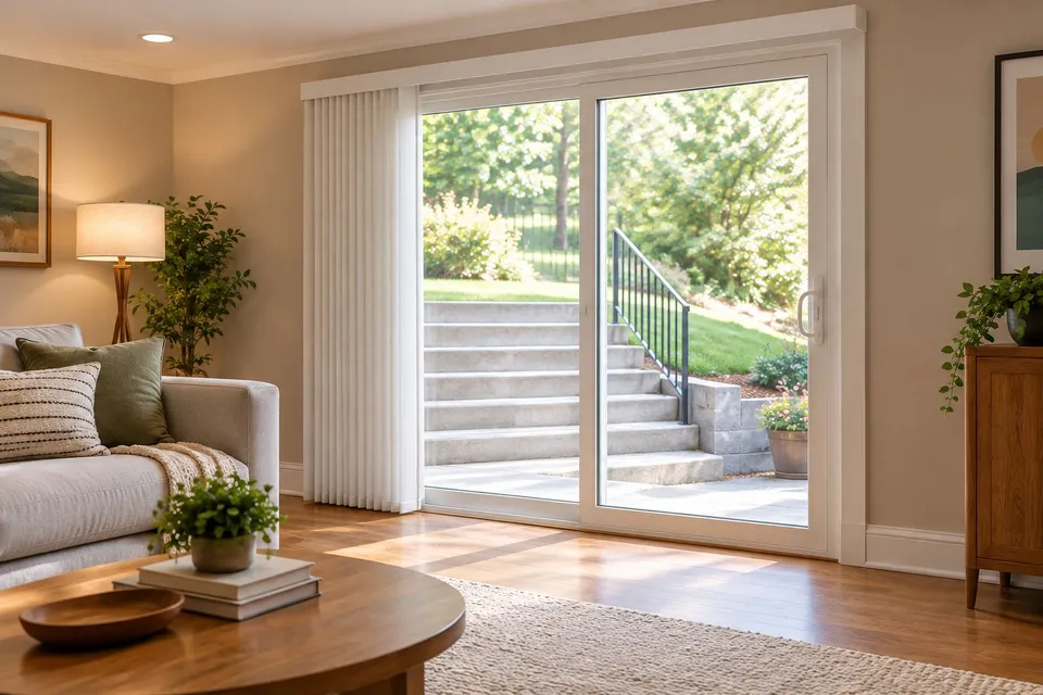 Walkout basement sliding door with a vertical cellular shade stacked to the side
