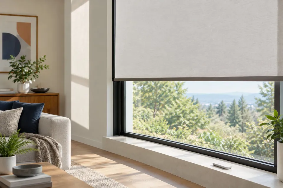 Motorized roller shade lowering over a tall living room window