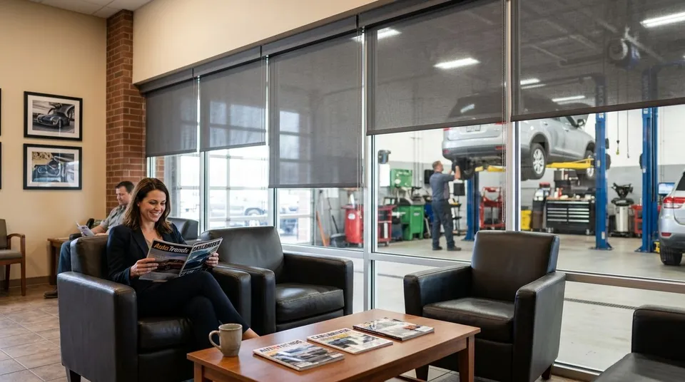 Motorized shades for auto repair shop waiting rooms