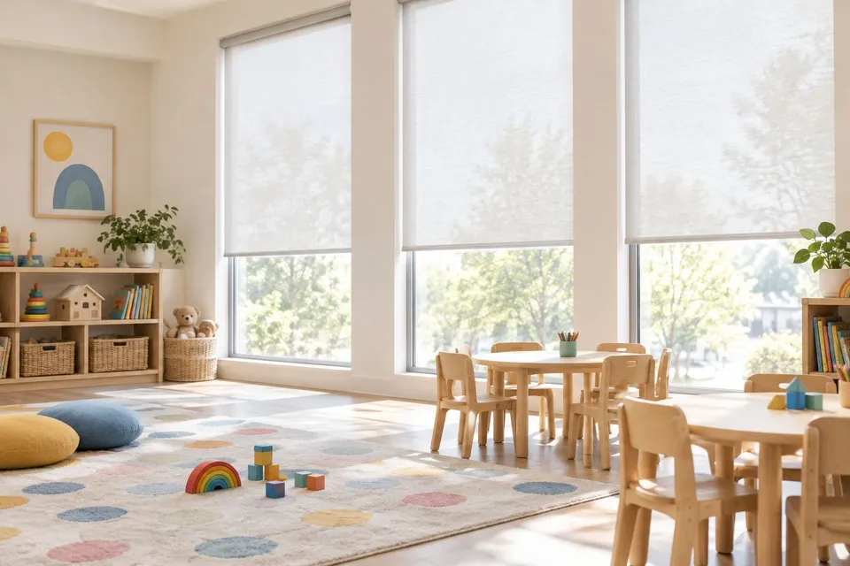 Daycare classroom windows fitted with cordless roller shades and no visible cords