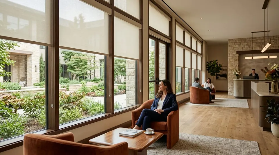 Motorized shades for boutique hotel lobbies