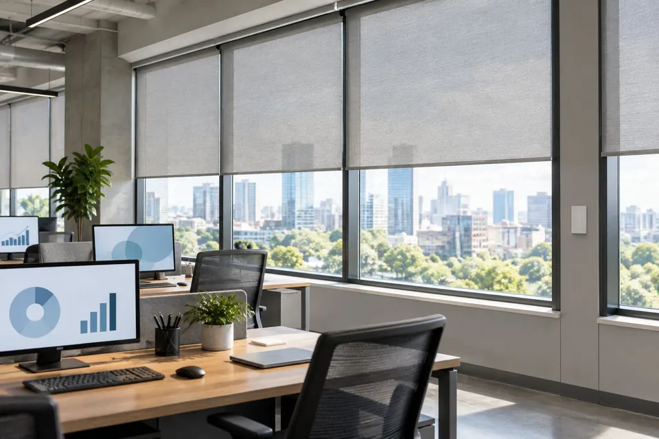 Motorized roller shades partially lowered across office windows