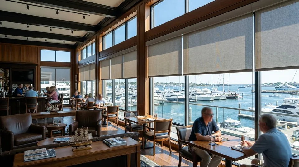 Motorized shades for marina and yacht club clubhouses