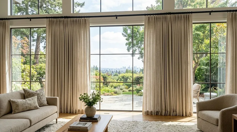 Traverse rod drapery for large window walls