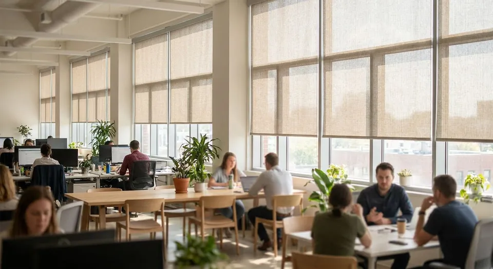Light-filtering shades for open-plan office windows