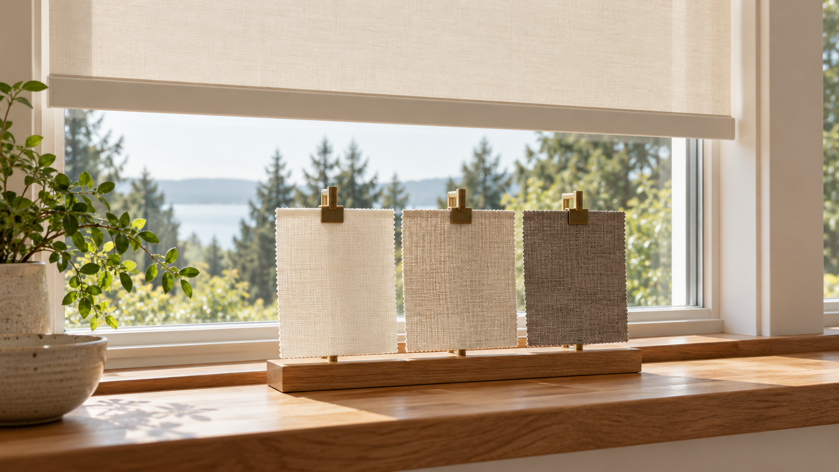 Ivory, oatmeal and taupe fabric swatches clipped to an oak stand on a windowsill beneath a cream roller shade, with soft greenery outside.