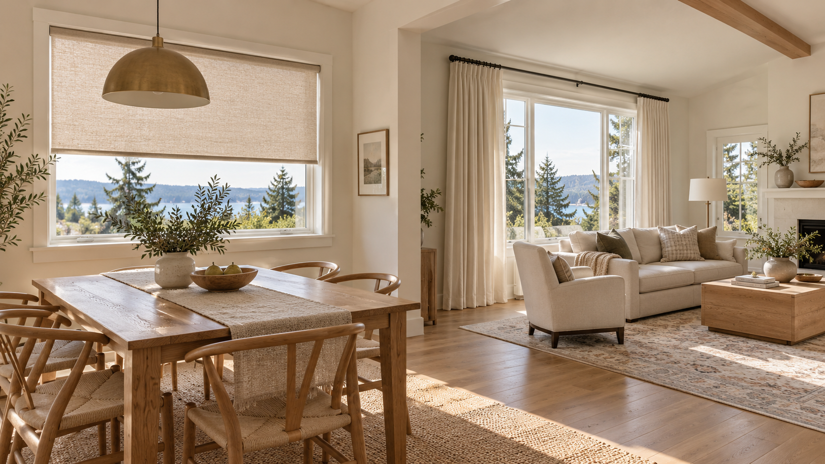 Oatmeal roller shade in a dining nook and ivory drapery in an adjoining living room, coordinated with warm neutral colors.