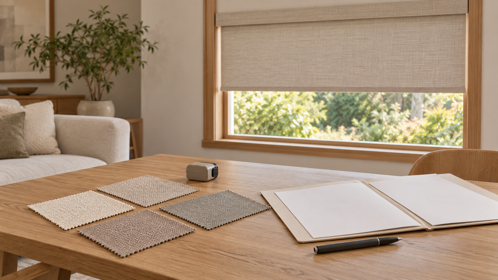 Neutral shade-fabric samples, a quote folder and a tape measure on an oak table beside a window with a fabric-wrapped roller shade.
