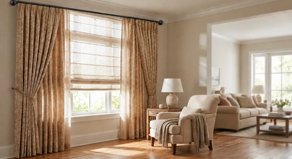 Layered shades and drapery on a rod with internal carriers
