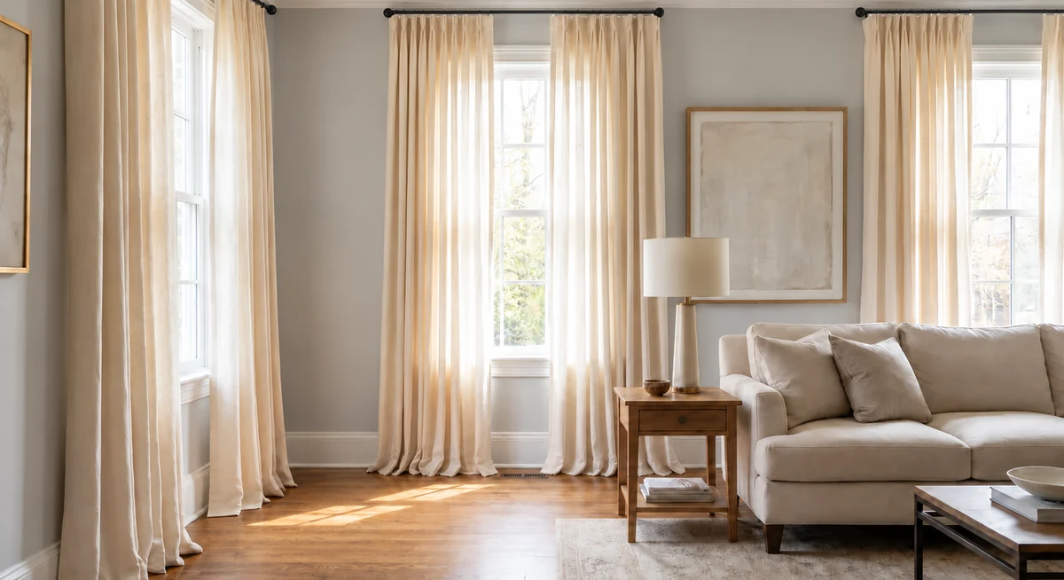 Living-room drapery on a decorative rod with internal carriers