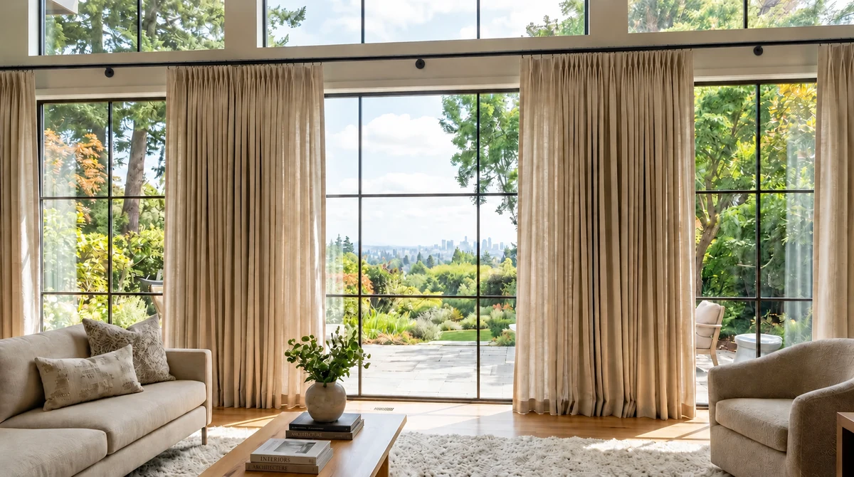 Drapery on an internal-carrier rod across a large window wall