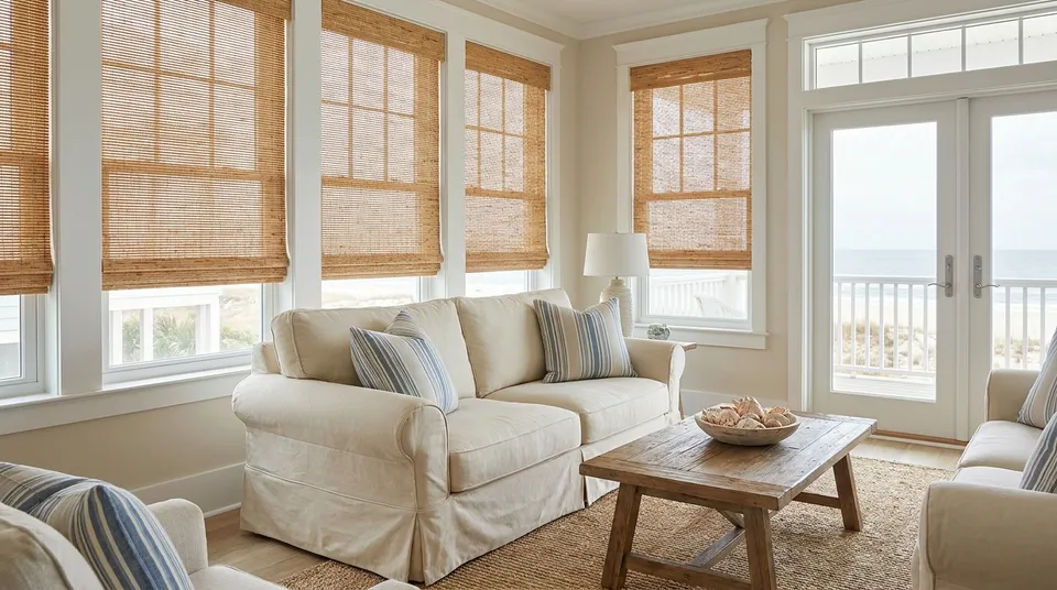 Woven wood shades for coastal-style homes