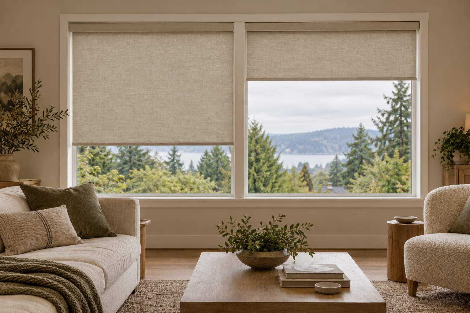Two oatmeal roller shades lowered to different heights over a divided living-room window with greenery outside.