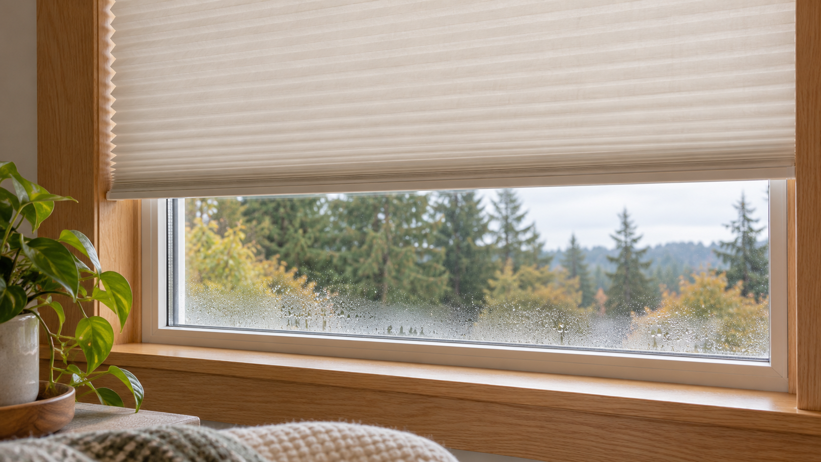 Partially raised cream cellular shade above small condensation droplets on lower window glass, with oak trim and autumn trees outside.