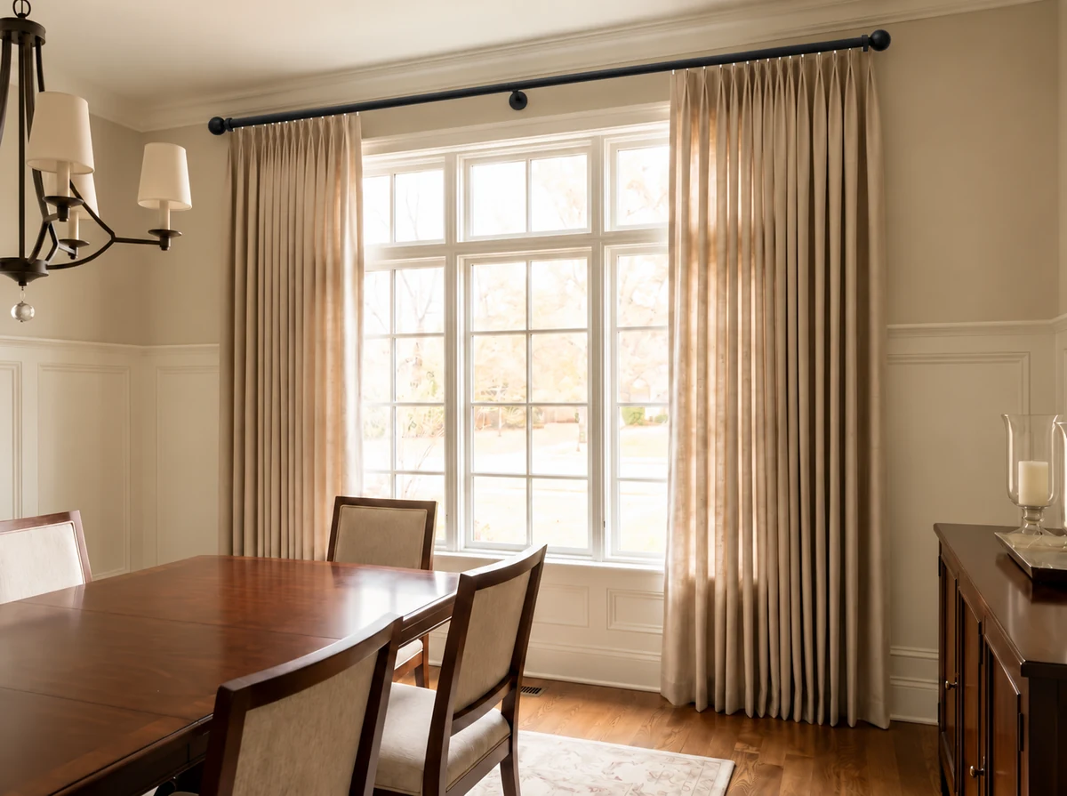 Pleated drapery on a decorative rod with internal carriers