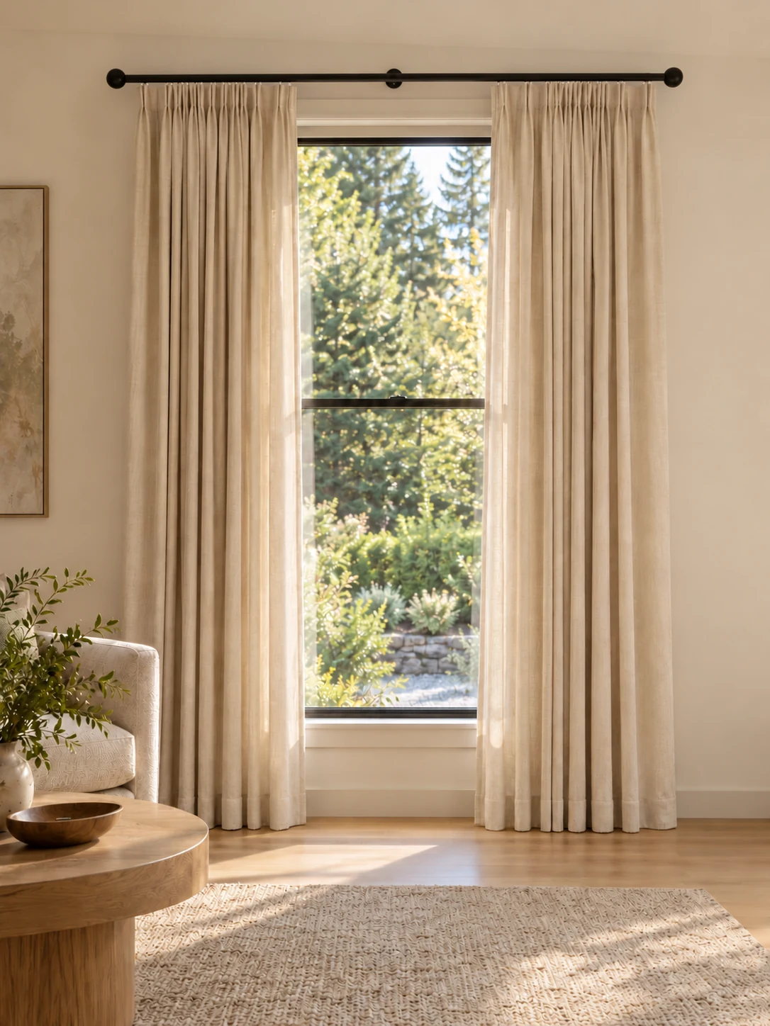 Pleated drapery on a dark rod with concealed internal carriers