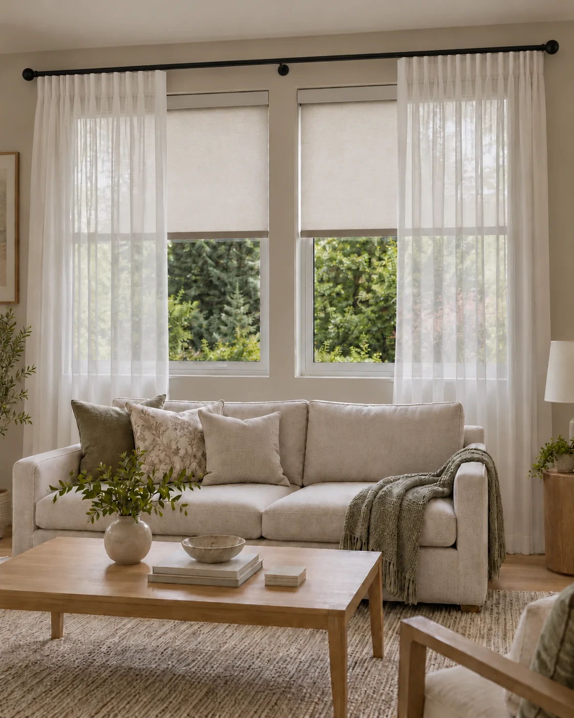 Living room with sheer drapery and roller shades