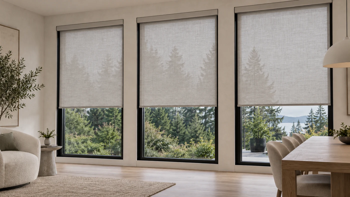 Textured roller shades in a calm living and dining space