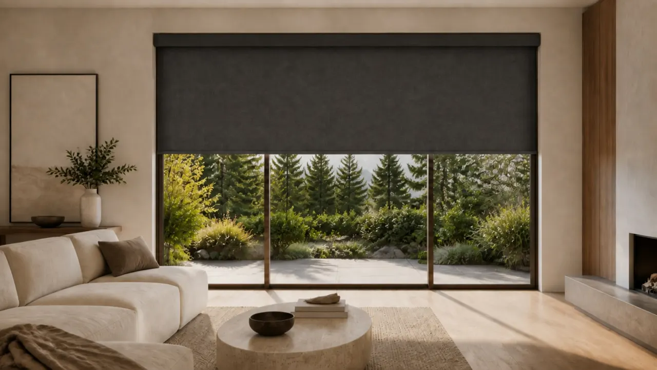 A light-filled living space with indoor shades